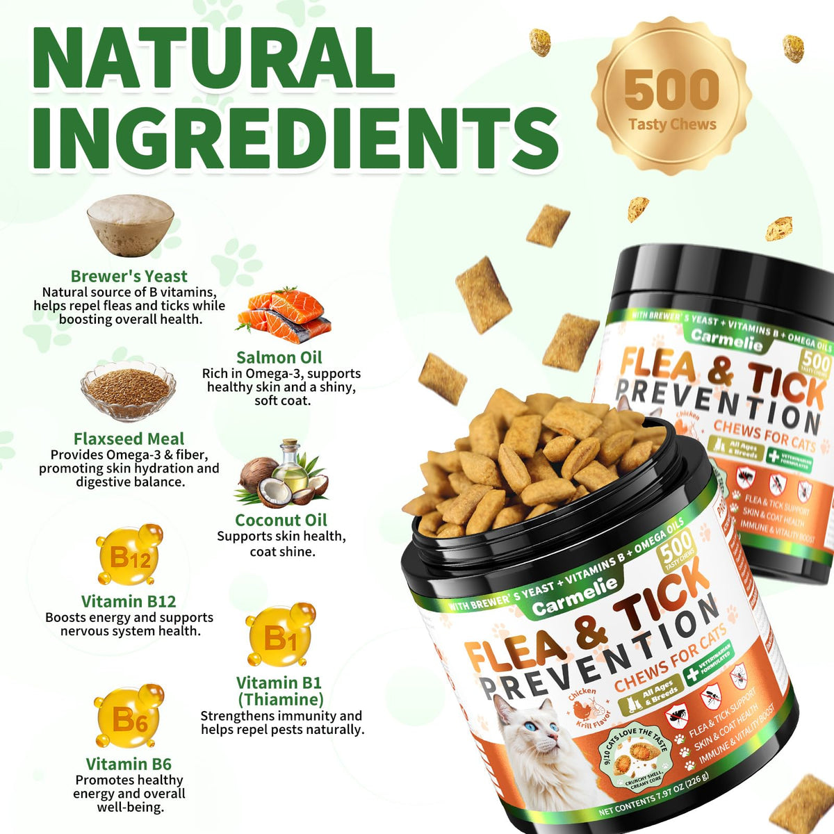 Carmelie Flea and Tick Prevention for Cats Chewables, 500 Crunchy & Creamy