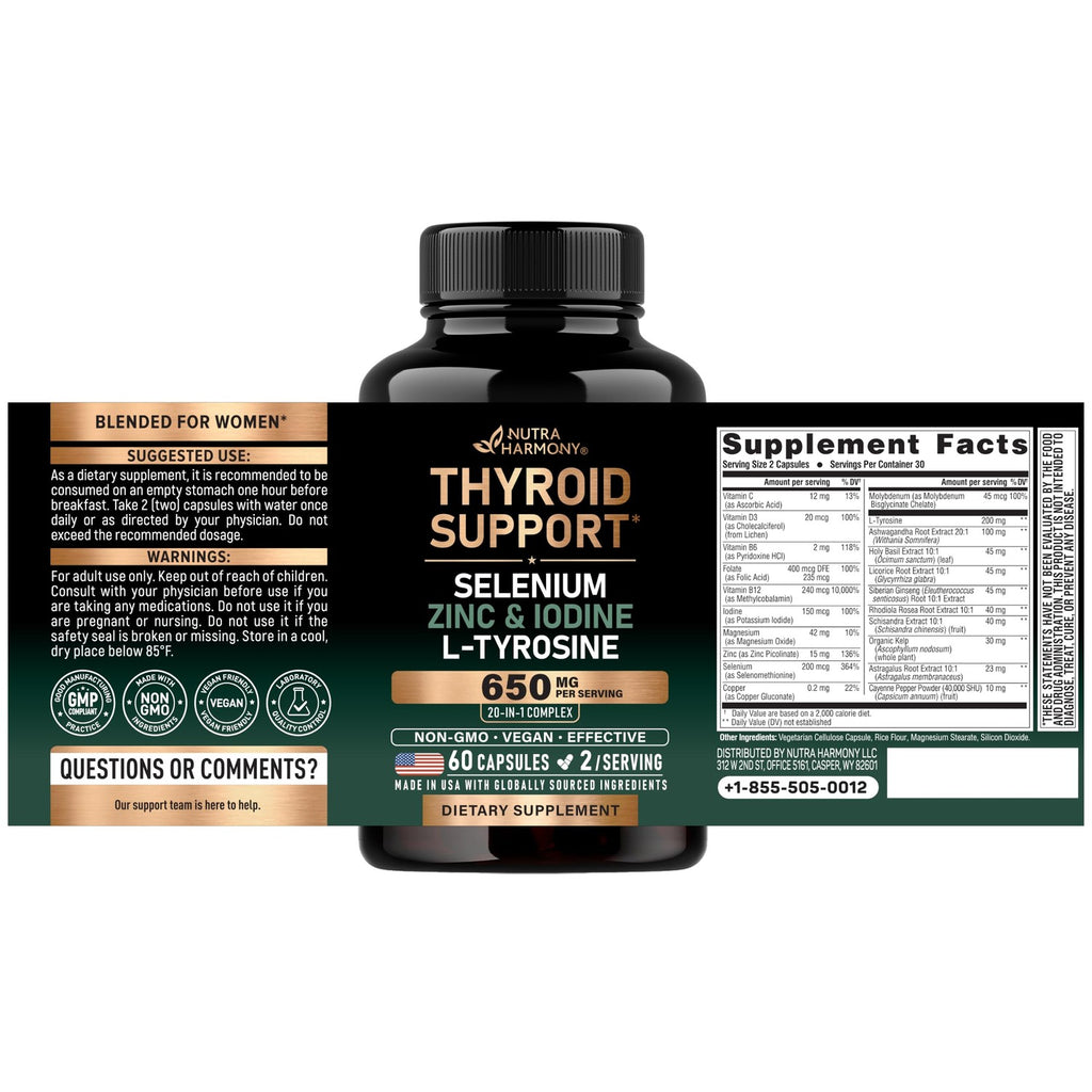 Thyroid Support for Women - Selenium | Zinc & Iodine | L-Tyrosine - 60 Caps