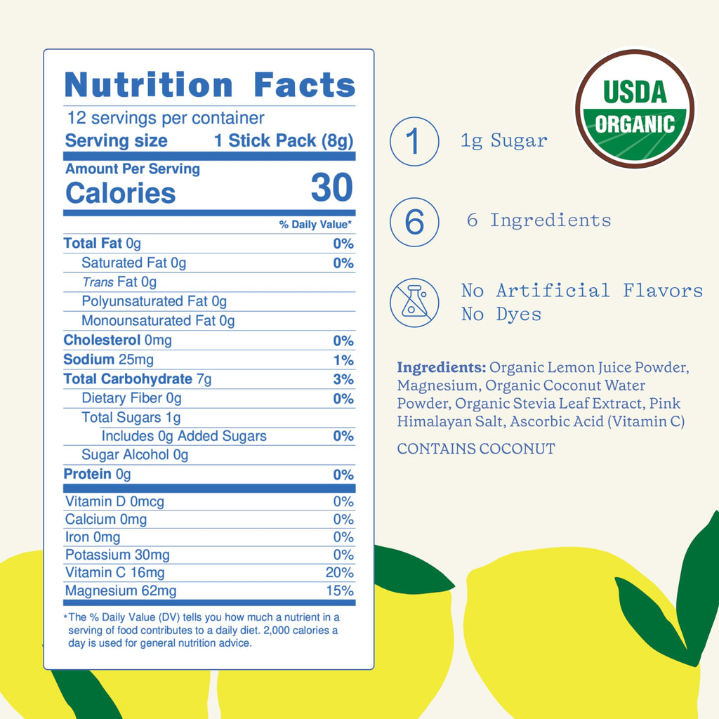 GOODONYA Organic Hydration Electrolyte Drink Mix, Certified Organic Hydration Powder, Non-GMO, Biochecked Glyphosate Free, Low Sugar, Lemonade Flavor, No Artificial Flavors,12 Stick Packs