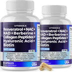 Resveratrol NAD+ Berberine Hyaluronic Acid - Biotin Grape & Blueberry + NAC - Collagen Peptides - Hair, Nail, Skin & Joint Supplement - 21-in-1 Women and Men - Made in USA (60 Count (Pack of 1)