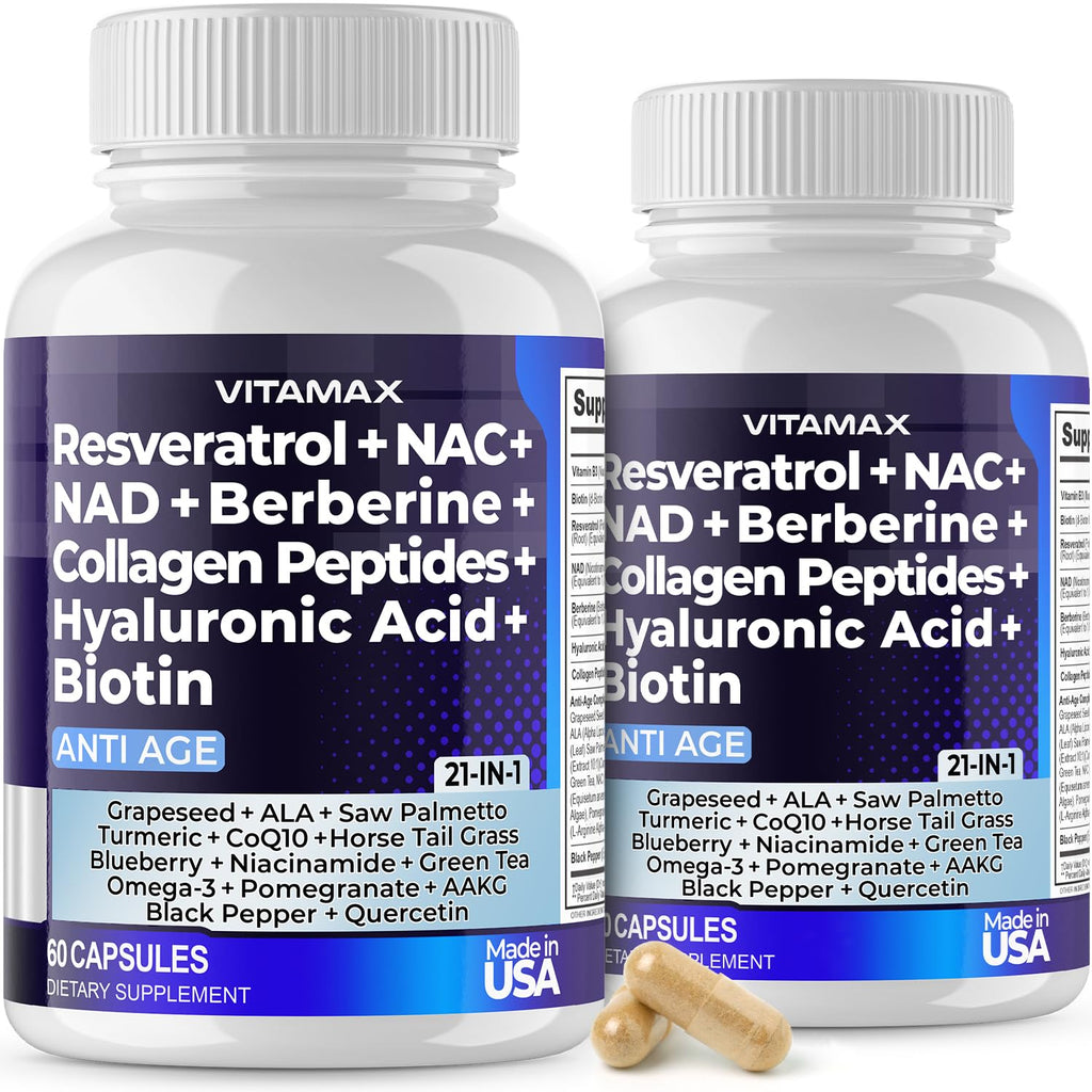 Resveratrol NAD+ Berberine Hyaluronic Acid - Biotin Grape & Blueberry + NAC - Collagen Peptides - Hair, Nail, Skin & Joint Supplement - 21-in-1 Women and Men - Made in USA (60 Count (Pack of 1)