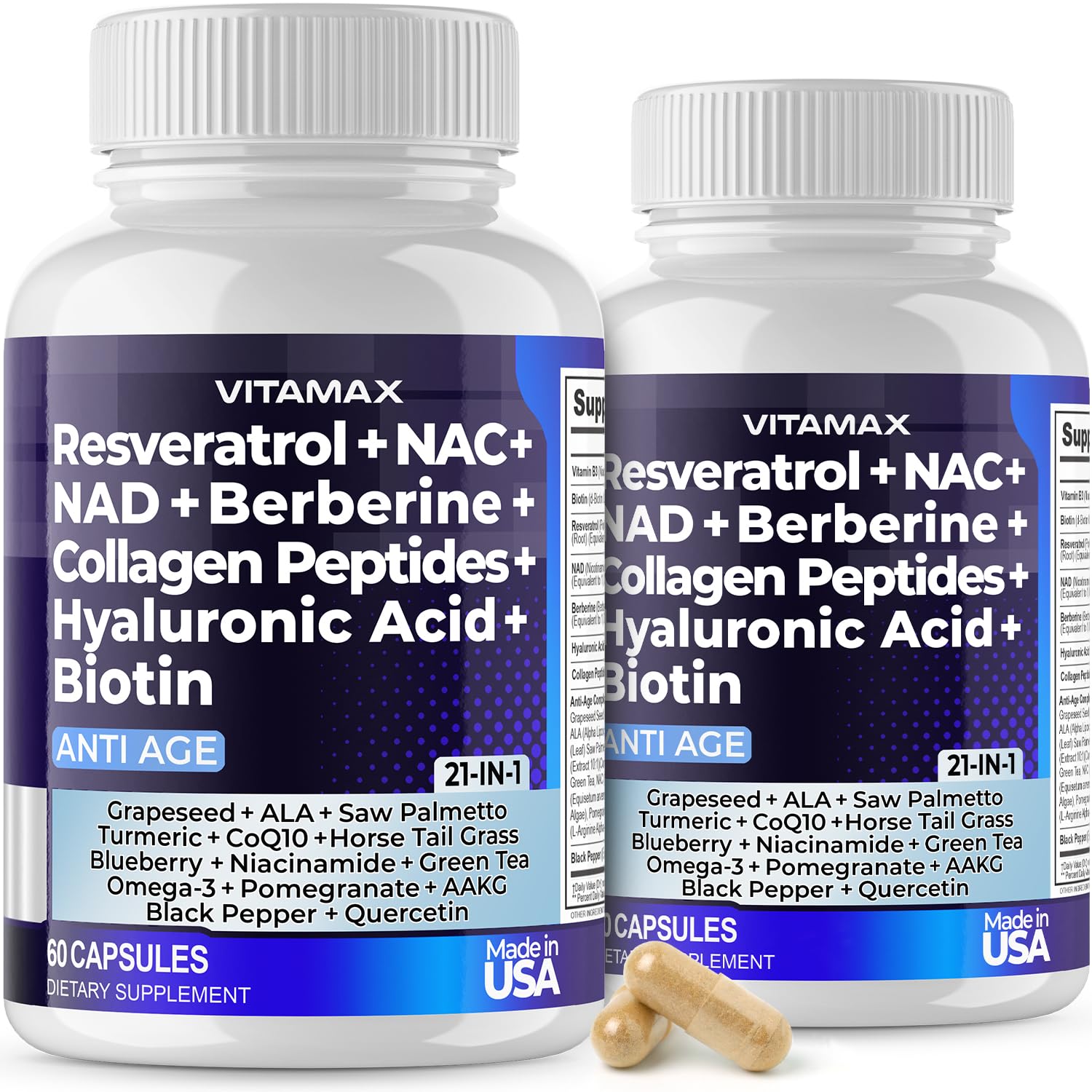 Resveratrol NAD+ Berberine Hyaluronic Acid - Biotin Grape & Blueberry + NAC - Collagen Peptides - Hair, Nail, Skin & Joint Supplement - 21-in-1 Women and Men - Made in USA (60 Count (Pack of 1)