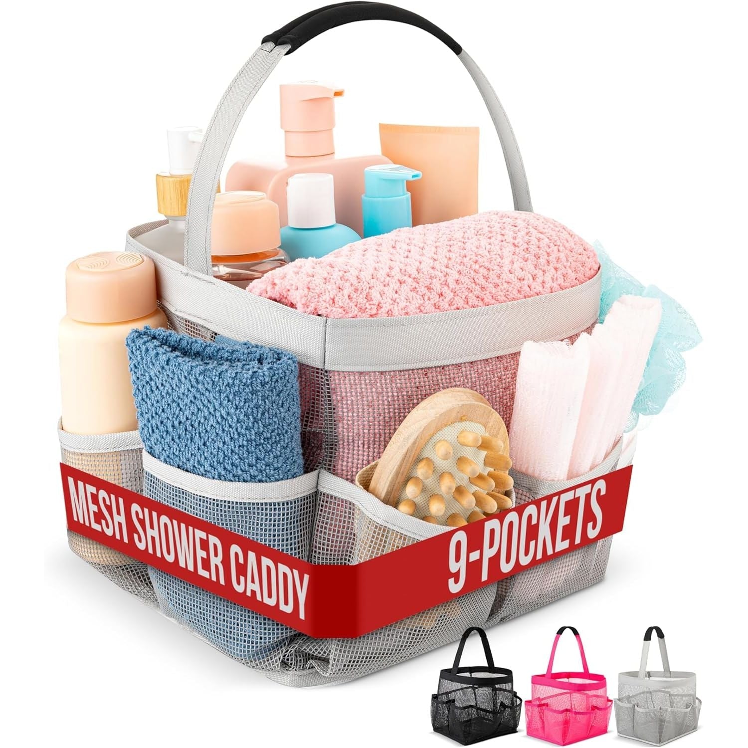 Buy now Masirs Mesh Shower Caddy - 9 Pocket Portable Bathroom Organizer Tote for Travel, Gym & Dorm - Collapsible Small Shower Caddy Bag to Hold Toiletries & Essentials (Gray) at indiglob india