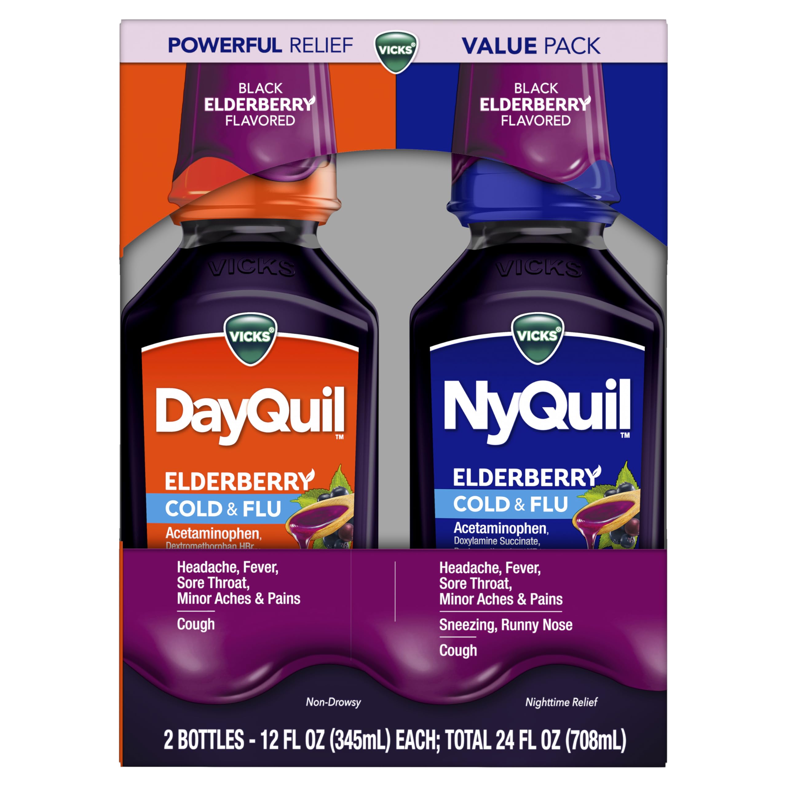 Buy now VICKS DayQuil & NyQuil Elderberry Flavor Cold & Flu Liquid Medicine Co-Pack, Multi-Symptom Relief of Headache, Fever, Sore Throat, Minor Aches & Pains, Sneezing, Runny Nose, and Cough, 2x12oz at indiglob india