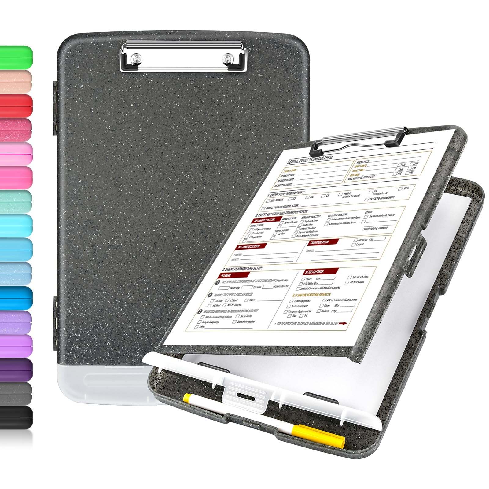 Buy now Sooez Clipboard with Storage, Clip Board 8.5 x 11 with Pen Holder, Plastic Organization Case Box for Letter Legal A4 Size Paper, Low Profile Clip, Nurses Teachers Must Haves, School & Office Supplies Glitter Black at indiglob india