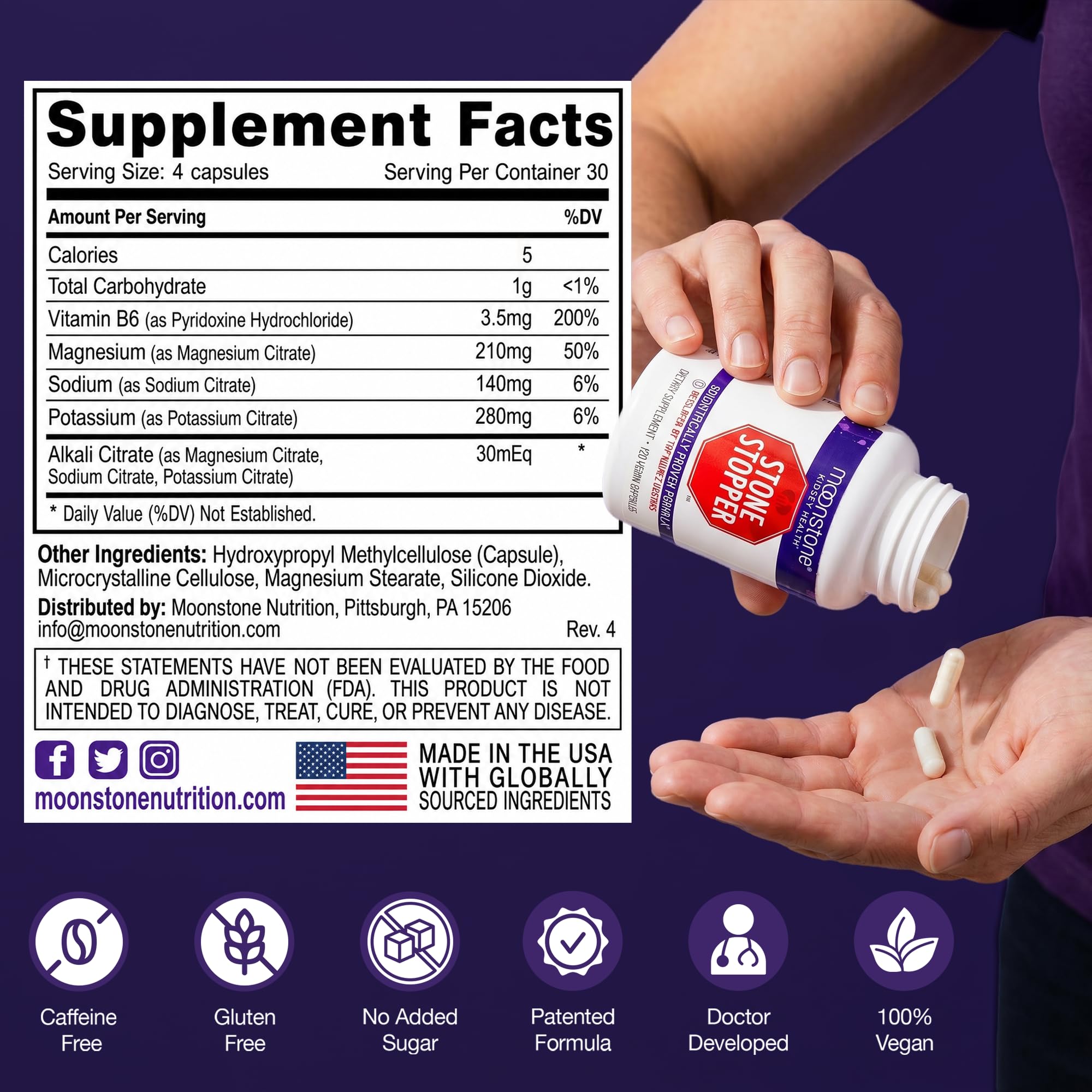 Moonstone Stone Stopper Capsules, Kidney Stone Prevention, Calcium Oxalate Protector, Alkali Citrate Support Supplement, Developed by Urologists to Support Kidney Health, 30 Day Supply (120 Count)