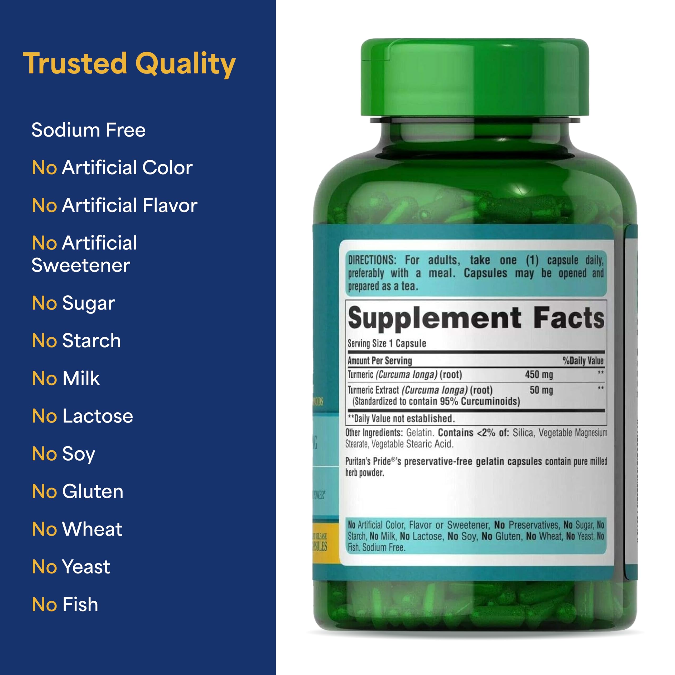 Puritan's Pride Turmeric Curcumin 500mg, 180 Rapid Release Capsules | Standarized to 95% Cucuminoids, Herbal Dietary Supplement for Antioxidant Health