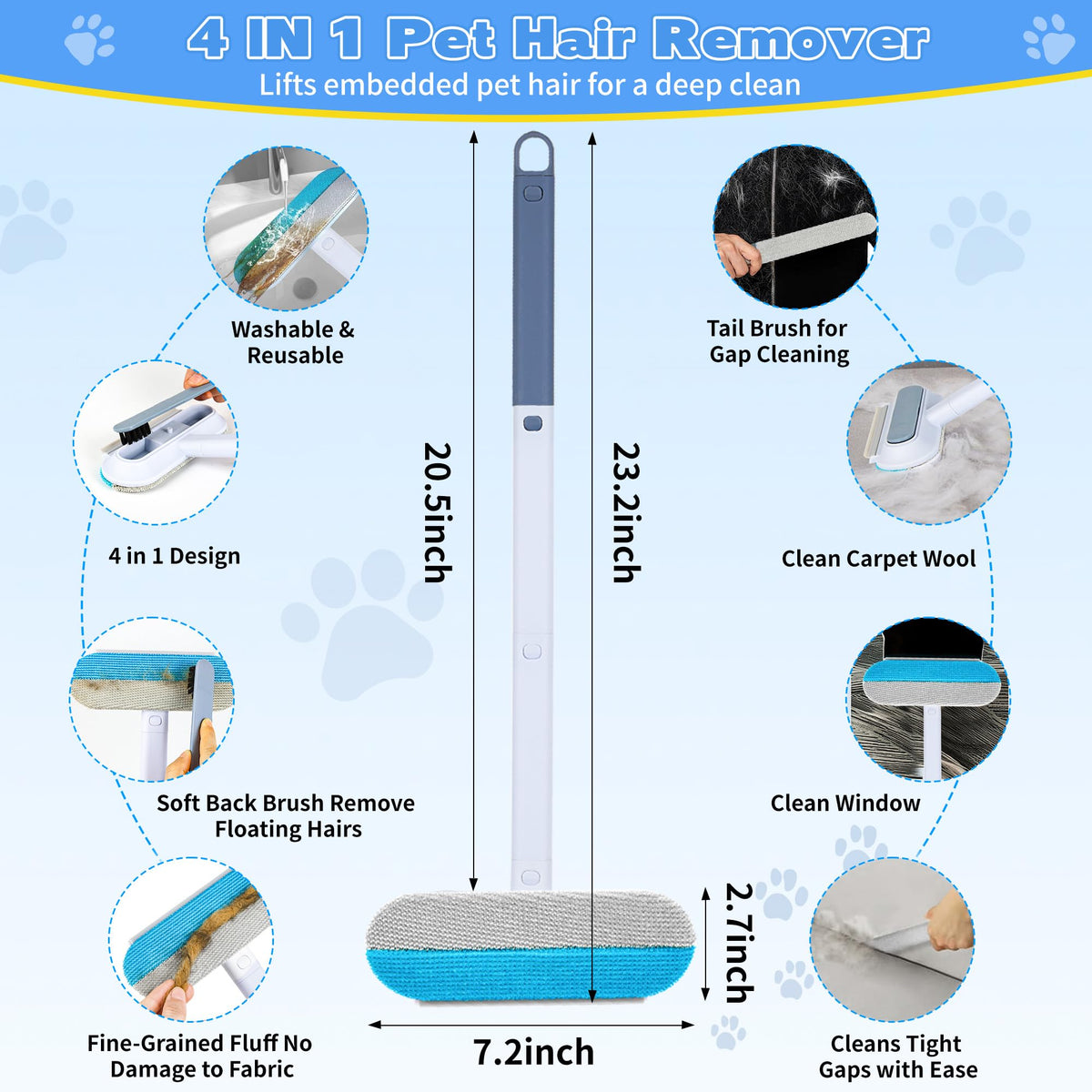 Pet Hair Remover for Furniture – 23.2Inch Reusable Dog & Cat Hair Removal Brush, Washable Lint Cleaner with Long Handle, 4-in-1 Pet Hair Remover for Couch, Carpet, Clothes & Bedding