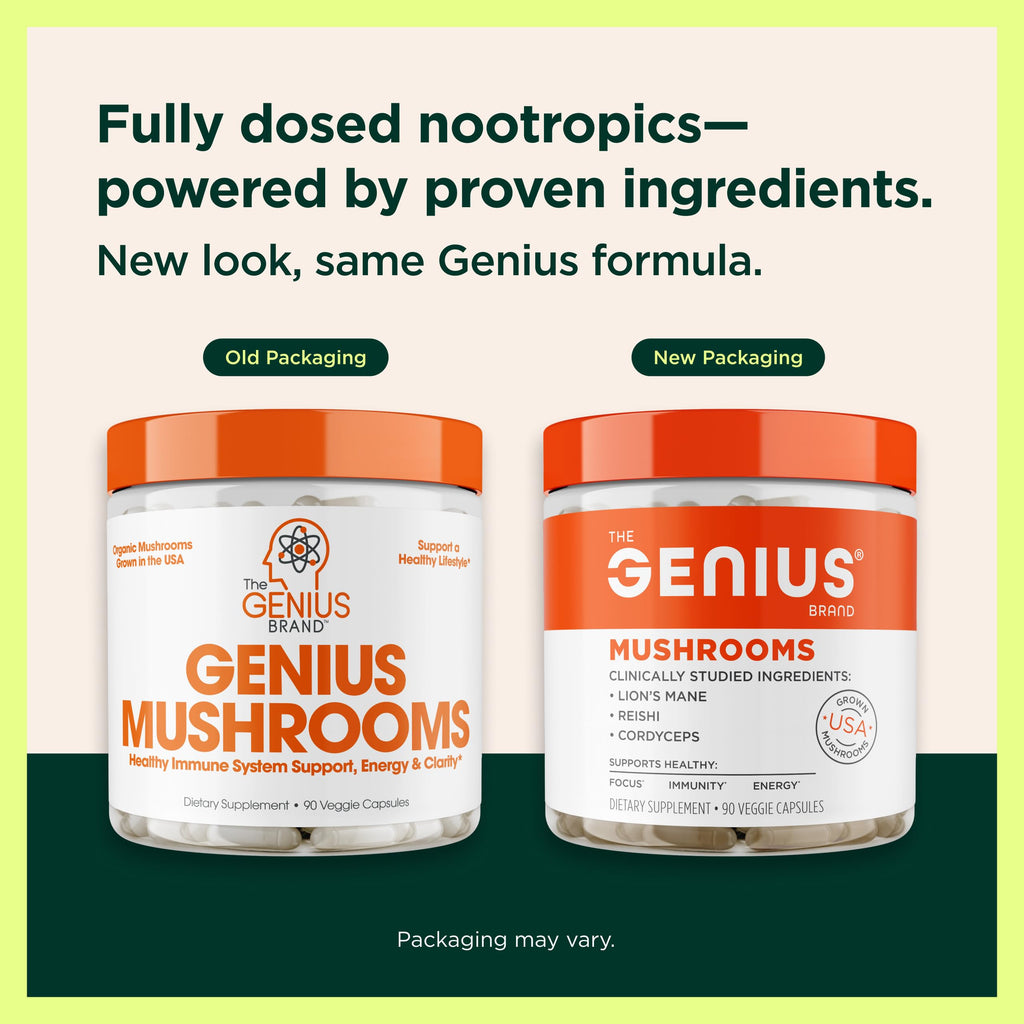 The Genius Brand Mushrooms, 90 Veggie Capsules | Organic Lion's Mane, Cordyceps and Reishi for Immune, Focus and Energy Support, Vegan and Non-GMO Capsules