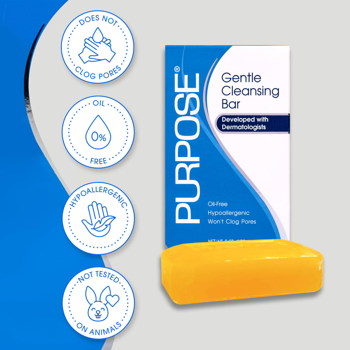 PURPOSE Gentle Cleansing Bar, Developed with Dermatologists, For All Skin Types, For Sensitive & Dry Skin, Oil-free, Hypoallergenic, Sulfate-Free, 6 oz Bar (Pack of 4)