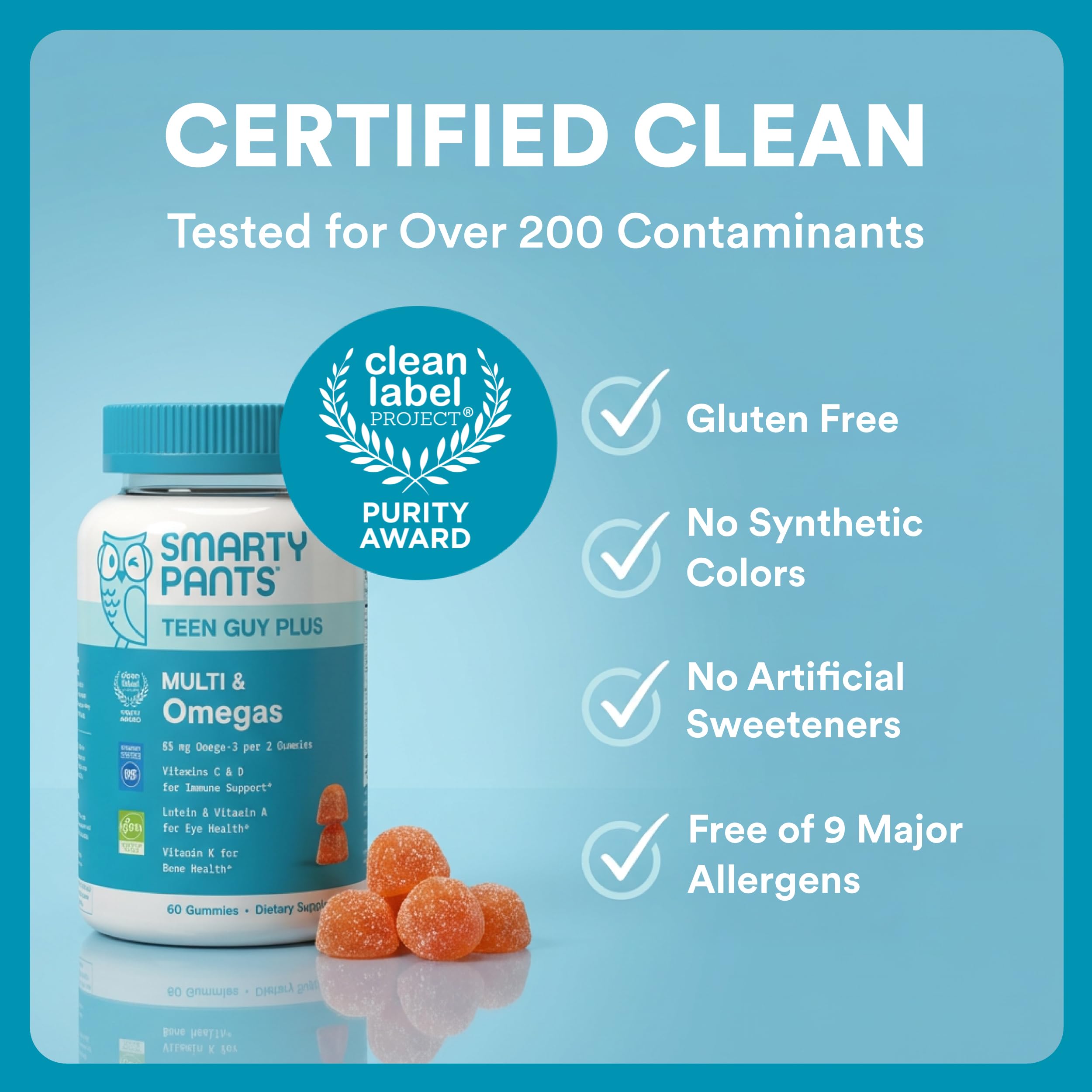 SmartyPants Teen Guy Plus Multi & Omegas Multivitamin Gummies with Omega 3 DHA/EPA, Vitamins D3, C, B12, B6, A, K, Zinc, Folate, Gluten Free, Clean Label, Pineapple Orange, 60 Gummies (30 Day Supply)