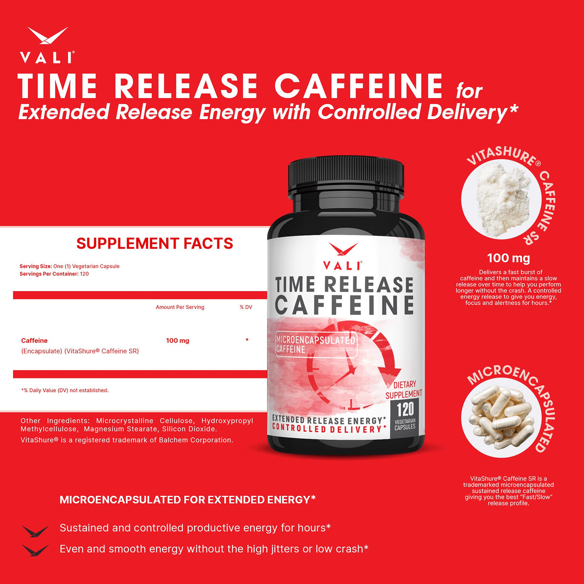 VALI Time Release Caffeine 100mg Capsules- Smart Slow Release for Extended Energy & Focus. Advanced Nootropic Supplement. Brain Booster Active Performance, Alertness & Clarity. 120 Veggie Capsules