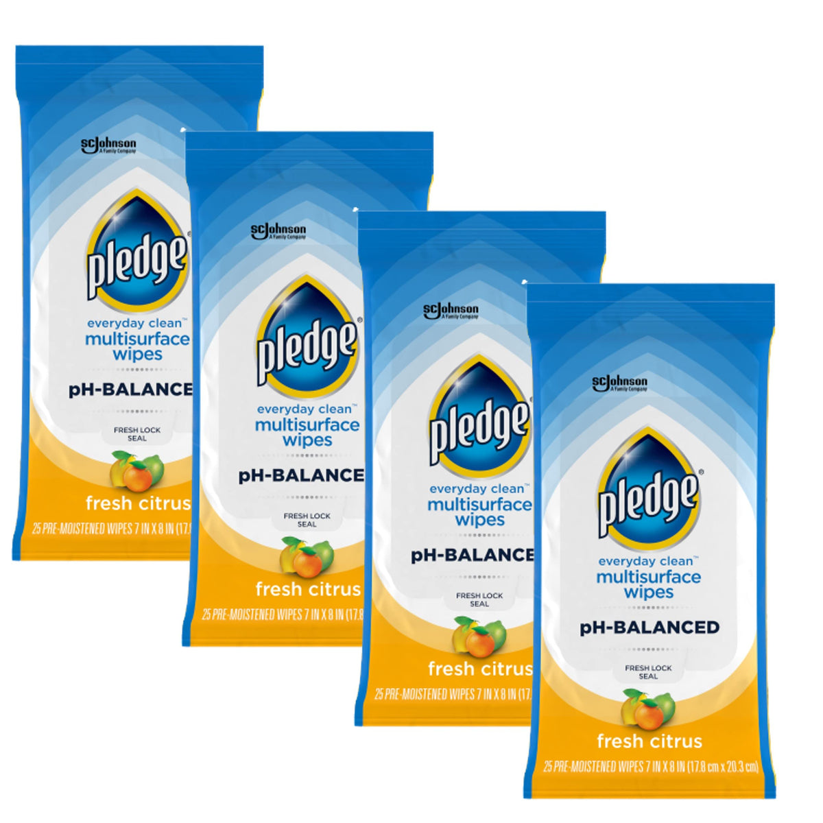 Pledge pH Balanced Multi Surface Cleaning Wipes, Fresh Citrus, 25 Ct, 4 pk
