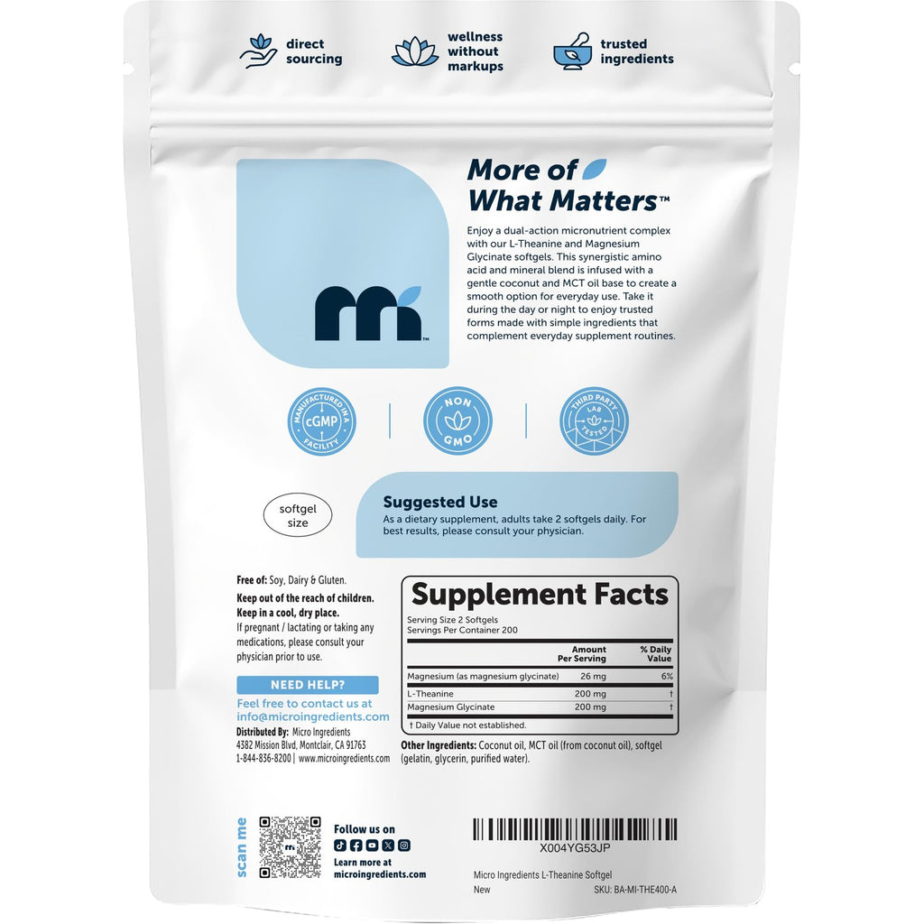 Micro Ingredients L-theanine 200mg Per Serving with Magnesium Glycinate | Made with Coconut & MCT Oil | 400 Softgels | 2-in-1 Formula | Amino Acid & Mineral Complex | Non-GMO, Gluten Free, Soy Free