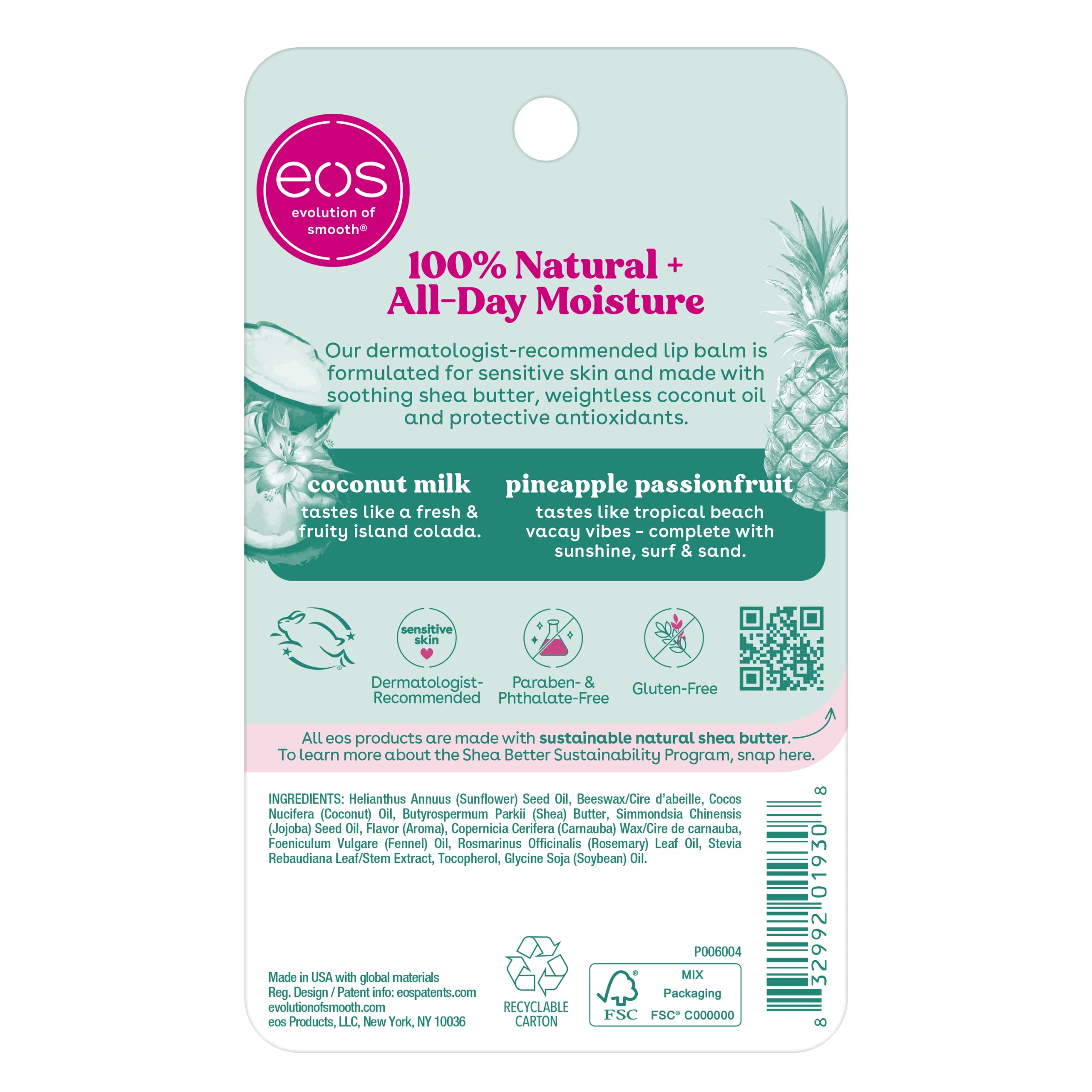 Buy now eos 100% Natural Lip Balm- Coconut Milk and Pineapple Passionfruit, All-Day Moisture Lip Care, 0.14 oz, 2 Pack at indiglob india