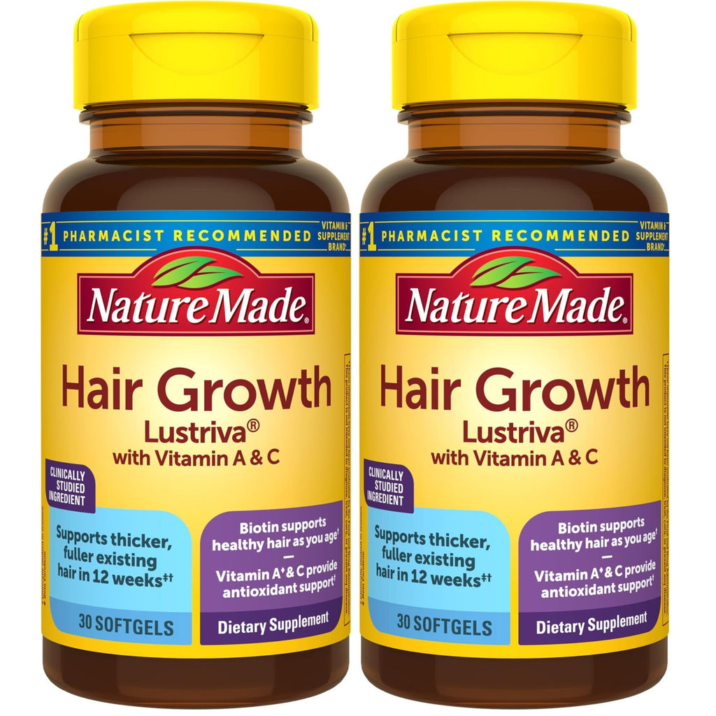 Nature Made Hair-Growth Softgels, Clinically Studied Lustriva + Biotin, Vitamin C & A, Hairs Growth Vitamins - Support Healthy Hair as You Age, 30 Softgels, 30 Day Supply, (Pack of 2)