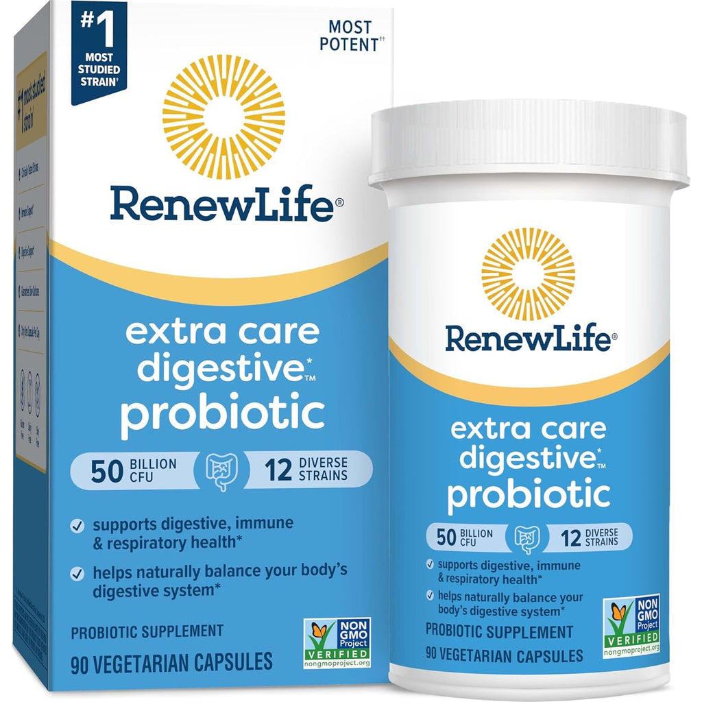 Buy now Renew Life Extra Care Digestive Probiotic Capsules, 50 Billion CFU Guaranteed, Daily Supplement Supports Immune, Digestive, Respiratory Health(1), L. Rhamnosus GG, Dairy, Soy and Gluten-Free, 90 Count at indiglob india