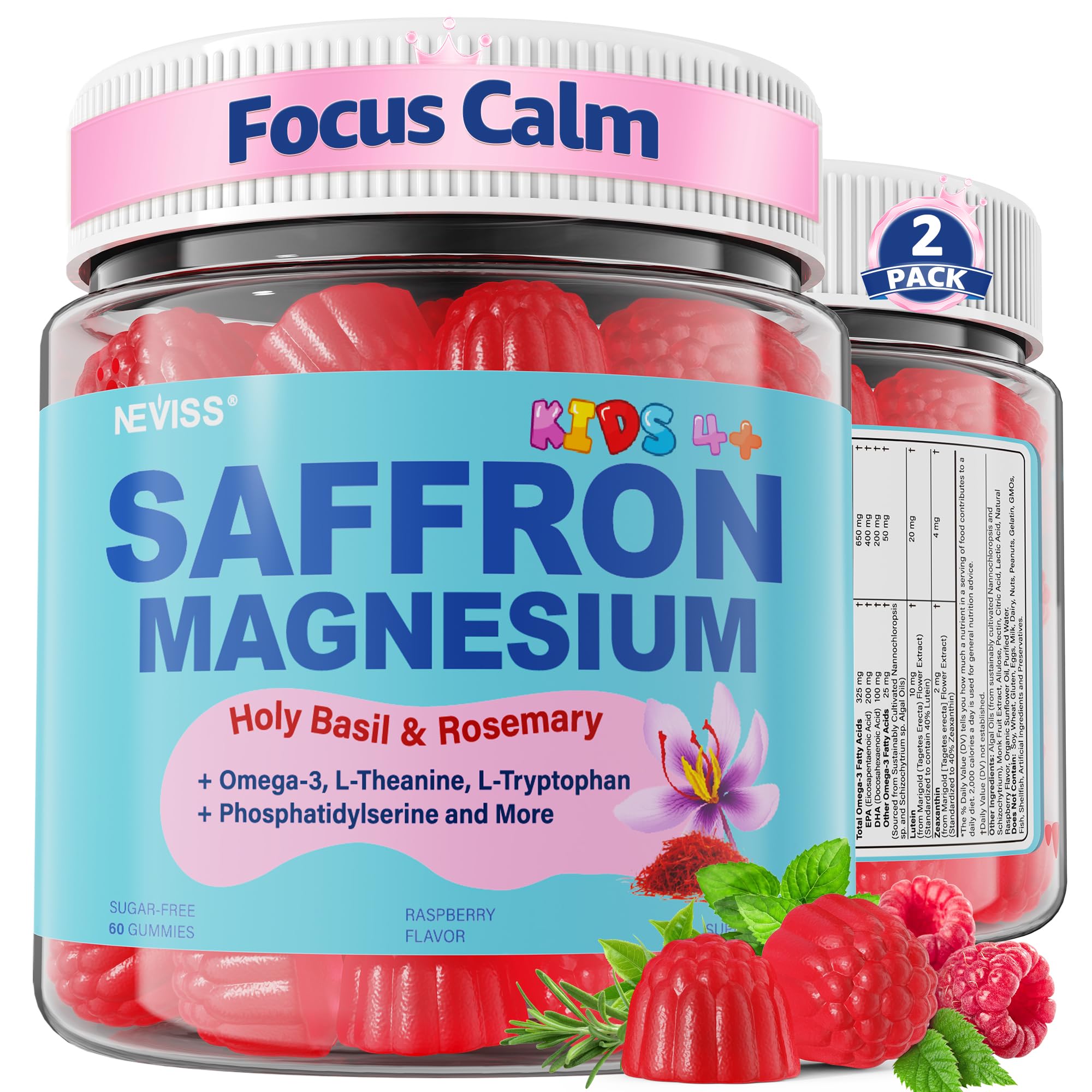 Saffron + Magnesium Glycinate+ Omega-3 - Calm Focus Gummies for Kids 4+, Saffron Extract Supplement w/L-Theanine, Holy Basil, Rosemary, B6, B9,B12, D3 for Happy Mood, Cognition, Nerve, Sugar Free