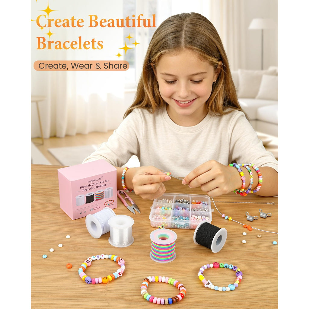 ZUSHALLMY Bracelet String Kit, 4 Rolls 1mm Elastic Cord, 660 FT Total