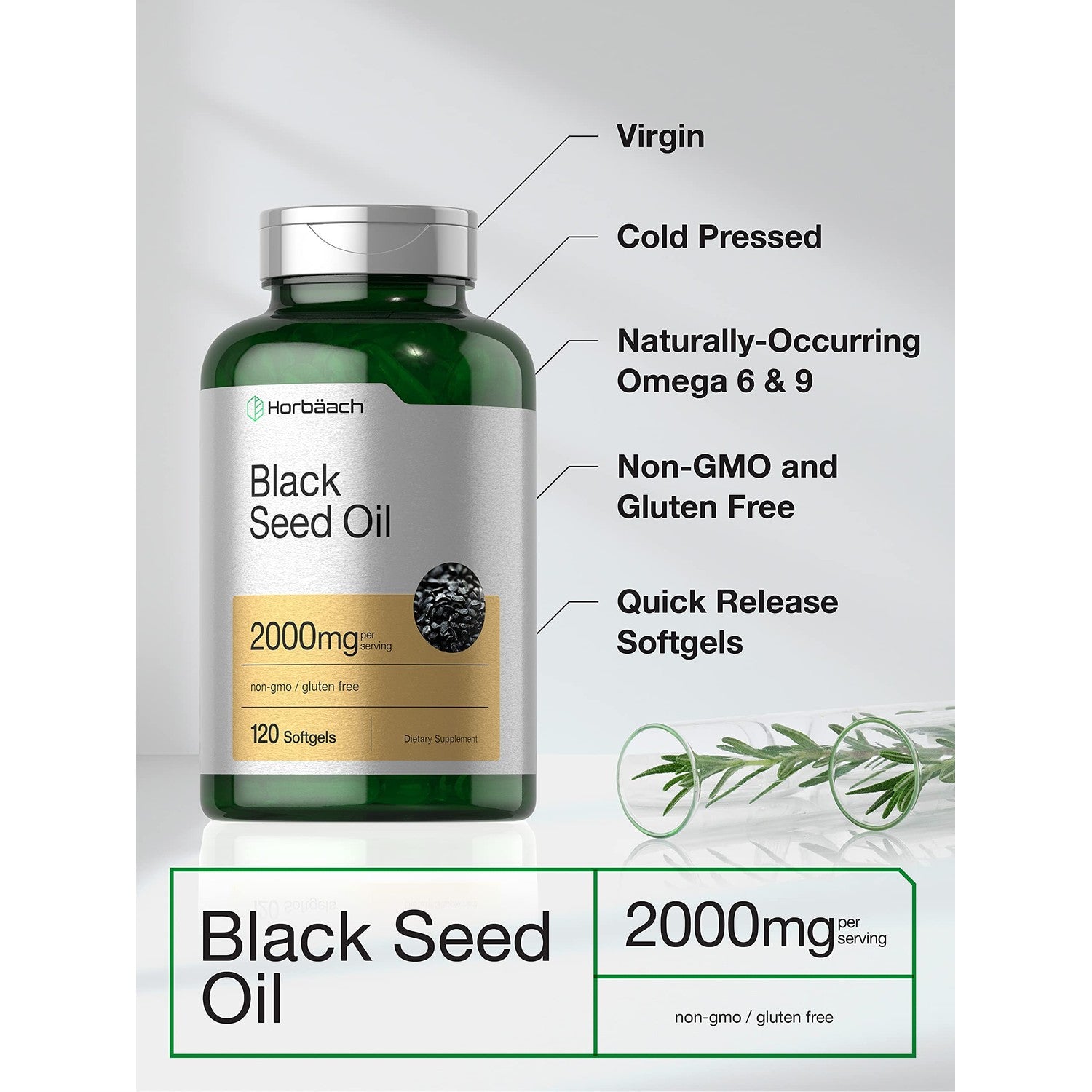 Horbaach Black Seed Oil Cold Pressed Softgel Capsules | 2000mg | 120 Count | Supplement with Omega 6 and 9 | Nigella Sativa | Non-GMO and Gluten Free