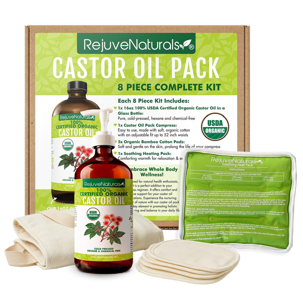 RejuveNaturals Castor Oil (16oz Glass Bottle) USDA Certified Organic, 100% Pure, Cold Pressed, Hexane Free. Boost Hair Growth for Thicker, Fuller Hair, Lashes & Eyebrows.