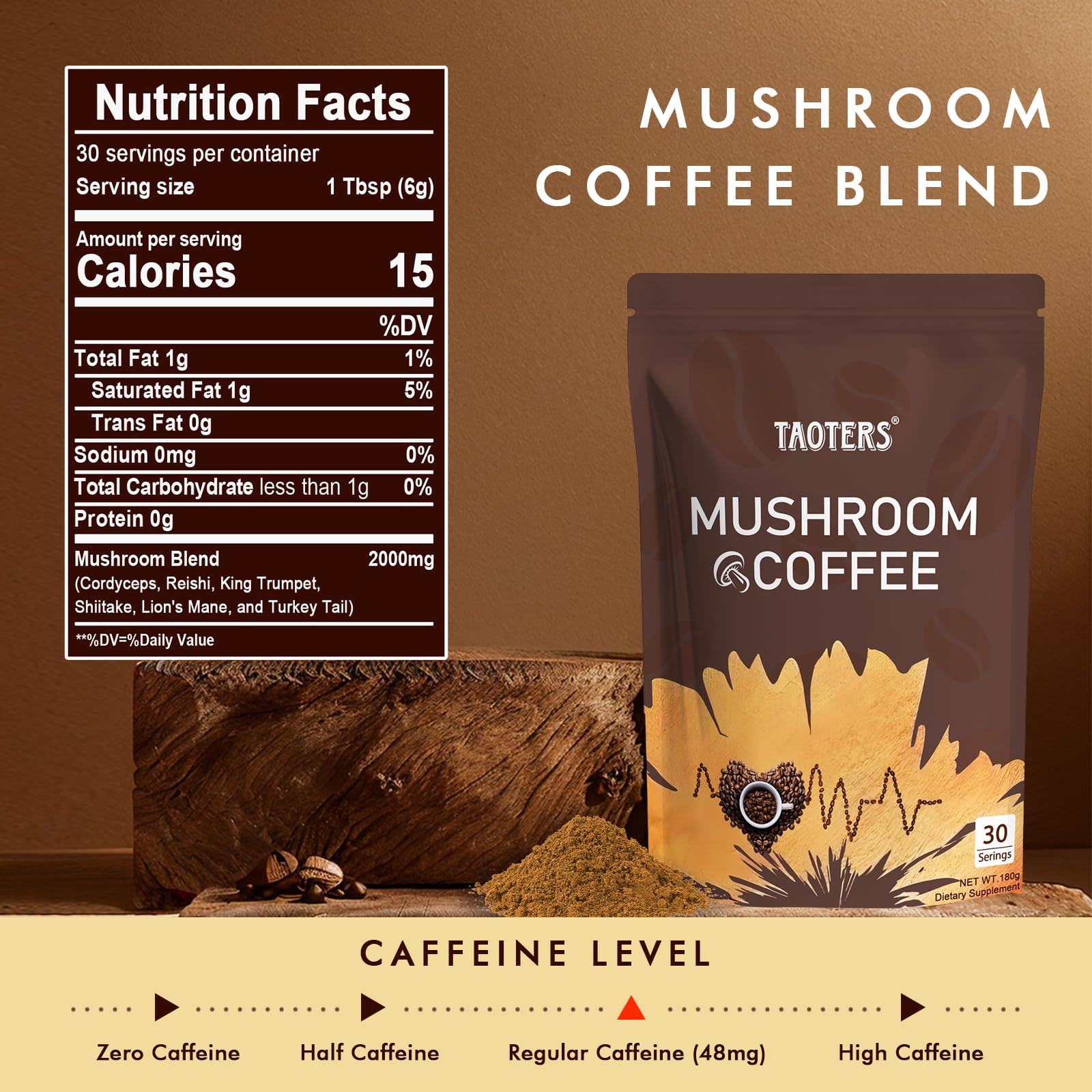 Mushroom Coffee | Enhanced Focus, Boosted Immunity, Improved Energy | 6 Adaptogenic Mushrooms: Cordyceps, Reishi, King Trumpet, Shiitake, Lion's Mane & Turkey Tail | 30 Servings