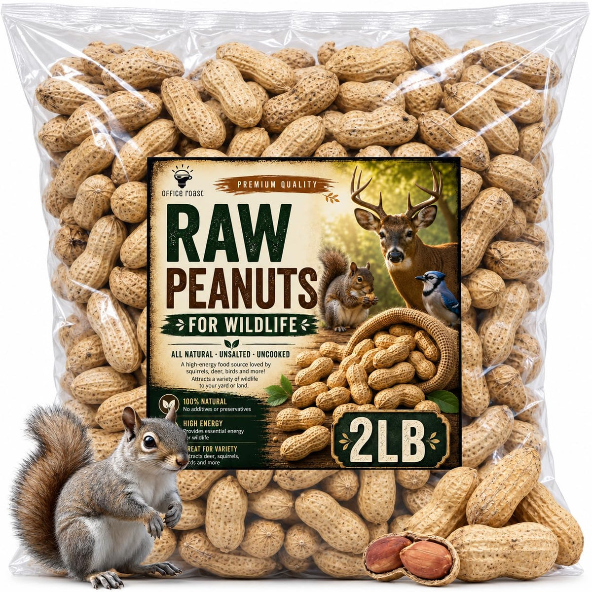 Office Roast Raw Peanuts in Shell 2 lb Bag – Unsalted, Natural & Healthy Snack – Plain Peanuts for Squirrels, Birds & Wildlife Feed