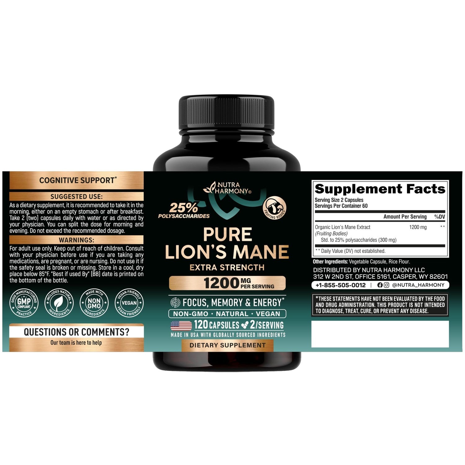 Lions Mane Supplement Capsules - Organic Lions Mane 1200 mg, 120 Vegan Caps | Pure Lion's Mane for Women & Men - Fruiting Bodies Extract, 25% Polysaccharides - Memory & Focus Support - As Lions Powder