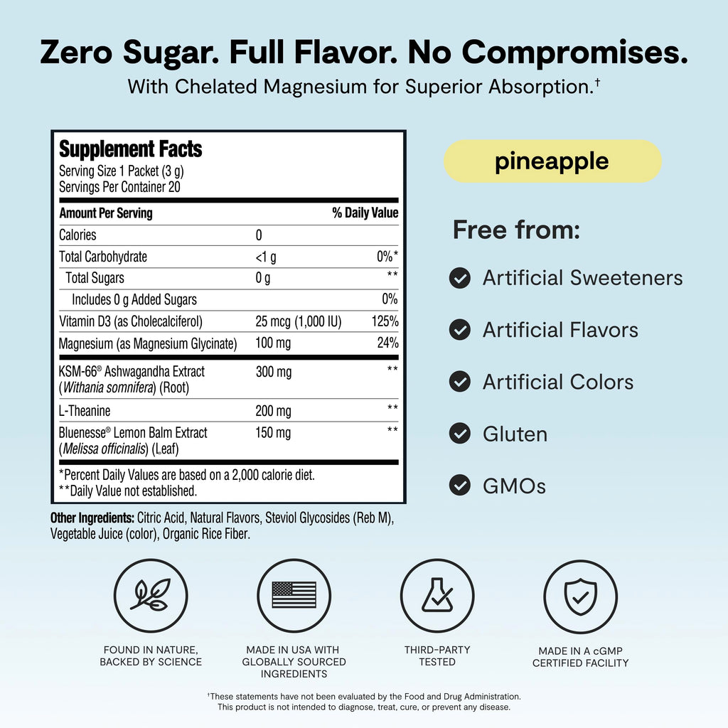 Ü Relax 2.0 Powder Drink Mix, Pineapple, Ashwagandha & L-Theanine, Adaptogens, Cortisol, Sleep Aid, Ready-to-Mix, Sugar Free, Zero Calorie, 20 Stick Packs