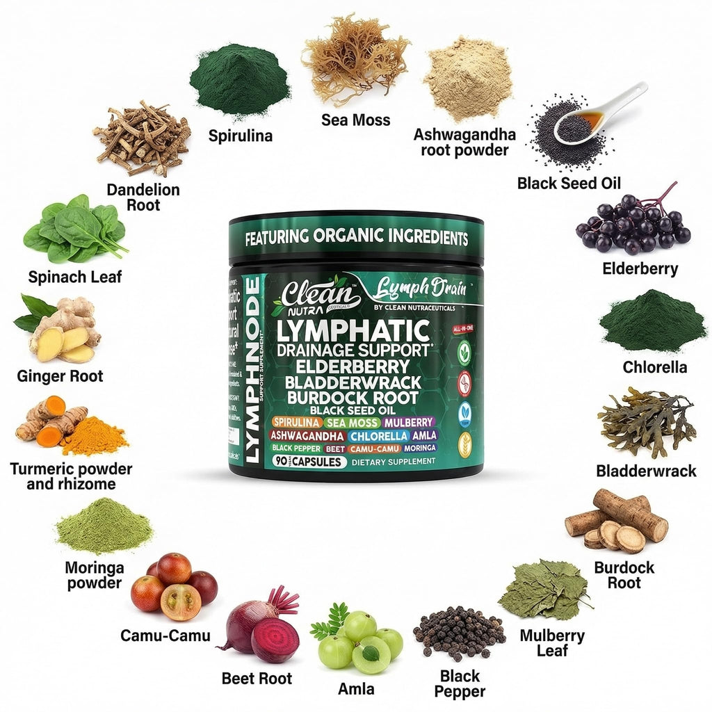 Organic Lymphatic Drainage Supplements | Elderberry Bladderwrack Burdock Root Black Seed Oil Spirulina Sea Moss Ashwagandha Chlorella Amla Beet Moringa Chlorophyll Lymph System Capsules By Clean Nutra