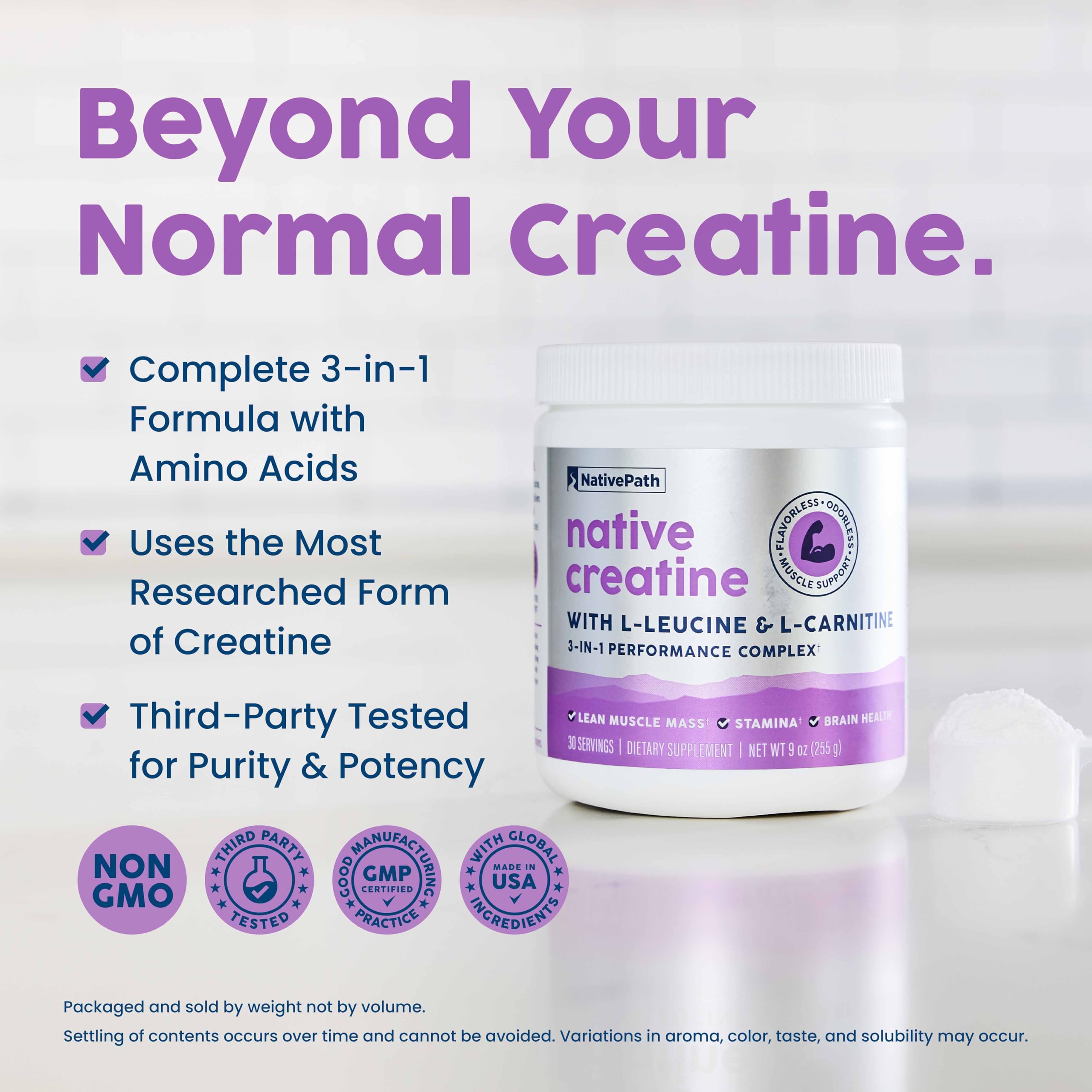 NativePath Creatine Monohydrate, Unflavored, 30 Servings | 5g Per Serving, 2g L-Leucine & 1.5g L-Carnitine, Supports Strength, Power, Muscle & Recovery, Men & Women