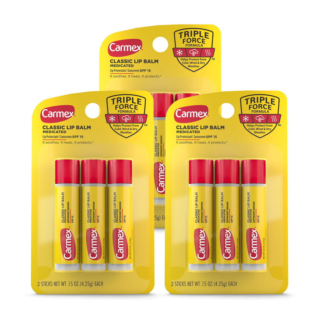 Carmex Classic Medicated Lip Balm Pack, Lip Moisturizer for Chapped Lips, 9-Count Variety Pack Bag (2 Tubes, 7 Sticks)
