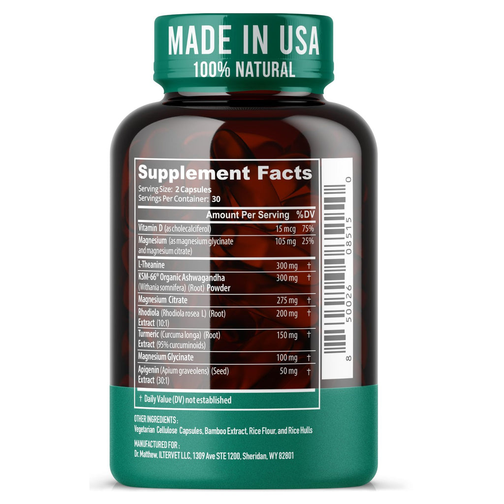 Cortisol Reducer & Adrenal Support Supplement–Natural Stress Relief with Ashwagandha KSM-66, Magnesium Glycinate & Citrate, L-Theanine, Rhodiola, Apigenin, Turmeric & Vitamin D3–Calm Mood & Relaxation