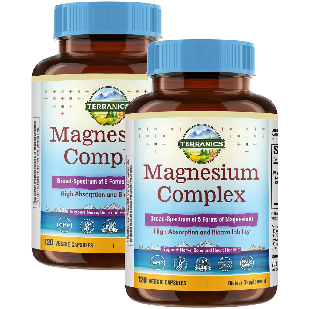Terranics 5-in-1 Magnesium Complex Supplement 500mg, 120 Vegan Capsules | 5 Forms High Absorption Magnesium Glycinate Citrate Malate Aspartate Gluconate for Sleep Heart Health, Non-GMO