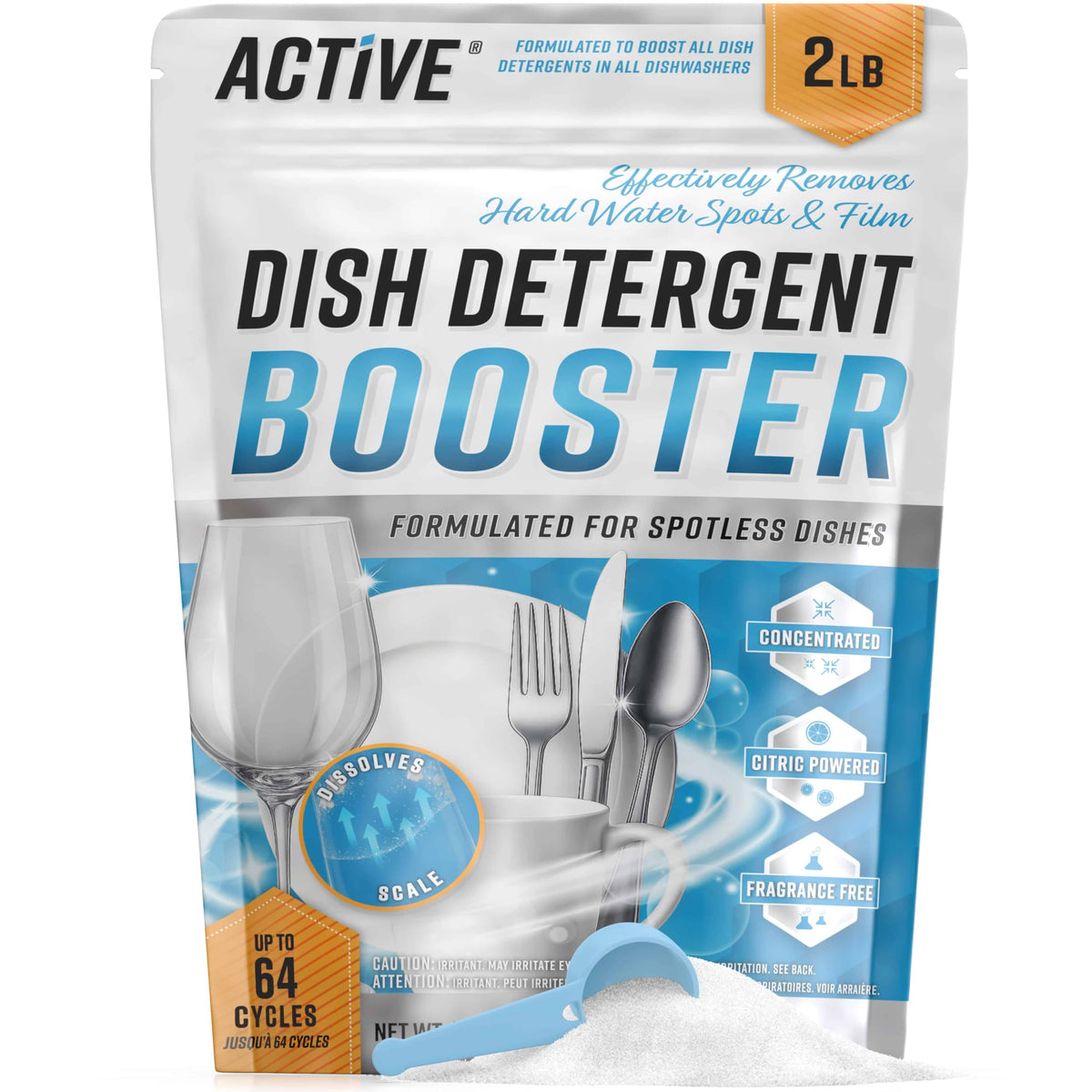 Dishwasher Detergent Booster Prewash Powder - ACTIVE Citric Acid Dishwashing Additive for Hard Water, Natural Dish Washer Shine & Rinse Aid, Lime Scale Remover for Cloudy Glassware - 64 Uses (32-oz)