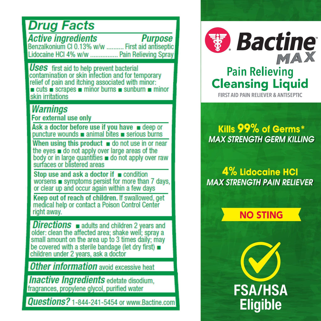 Bactine MAX First Aid Spray, Pain Relief Cleansing Spray, 5 oz (4 Pack)