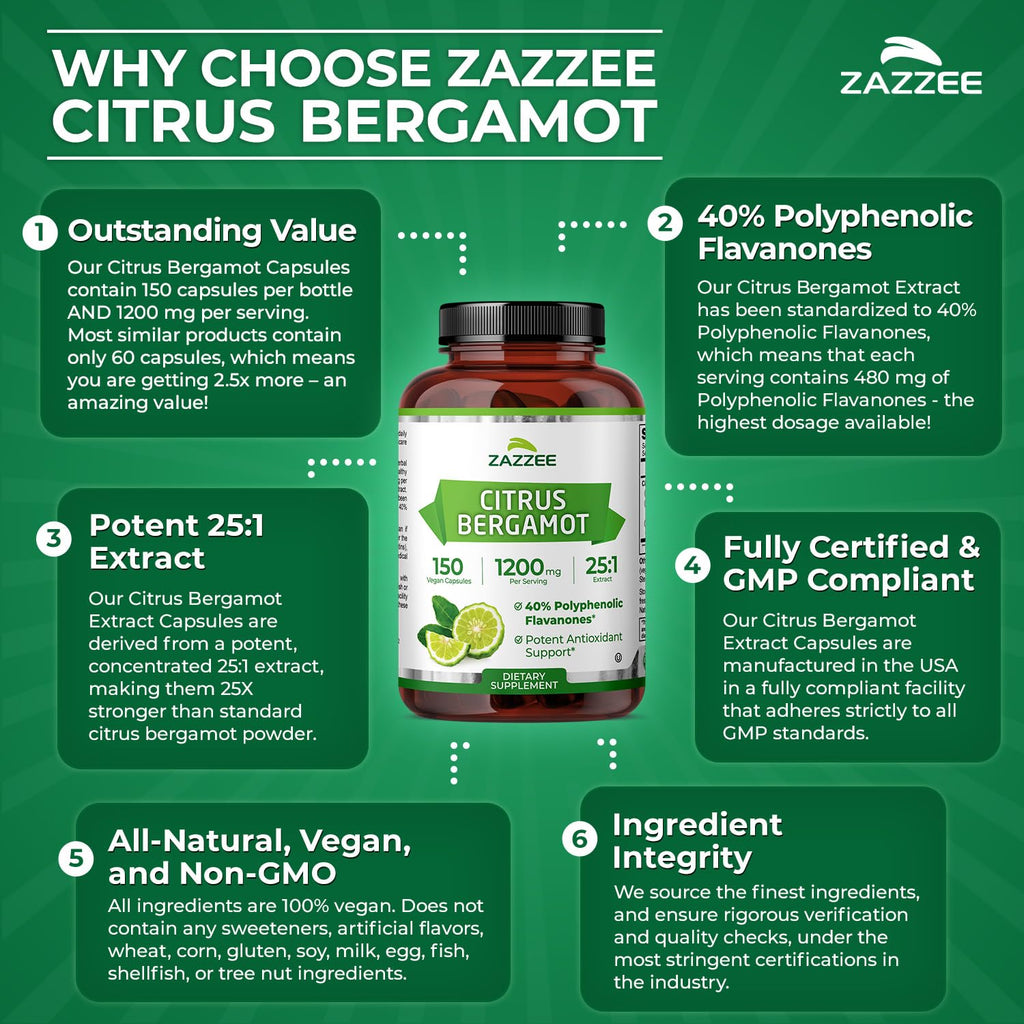 Zazzee Citrus Bergamot 25:1 Extract, 1200 mg Per Serving, 150 Capsules