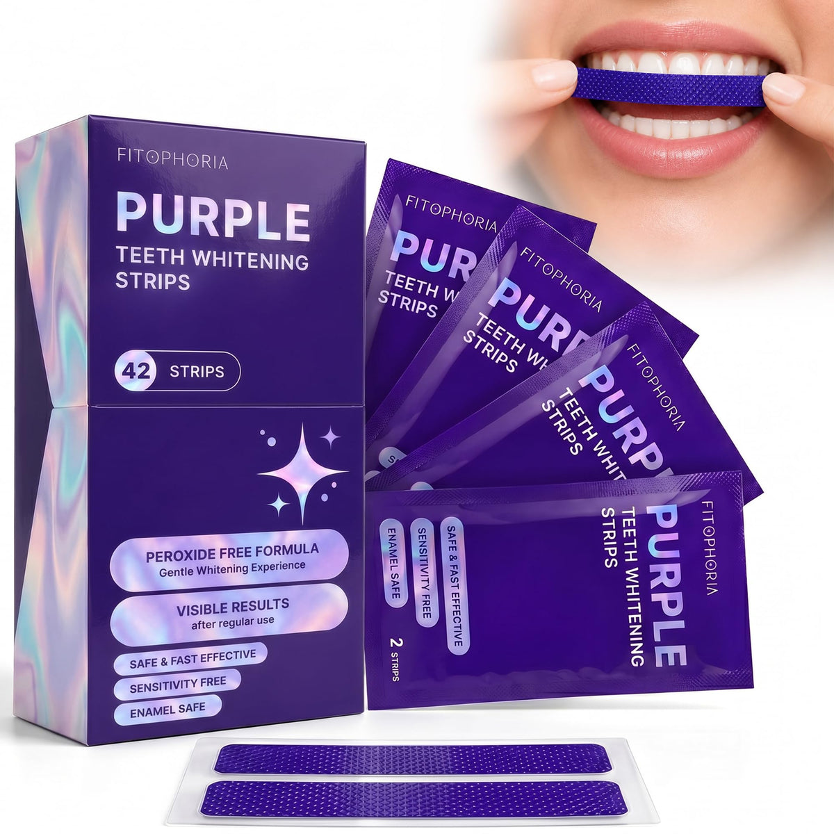 Purple Teeth Whitening Strips - 42 Count - Peroxide Free Color Correcting Whitening Strips - At Home Smile Care Kit