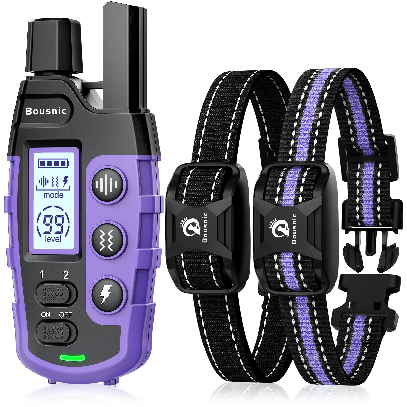 Buy now Bousnic Dog Shock Collar 2 Dogs (5-120Lbs) - 3300 ft Waterproof Training Collar for Dogs Large Medium Small with Rechargeable Remote, Beep (1-8) Vibration (1-16) and Humane Shock (1-99) Modes Purple at indiglob india