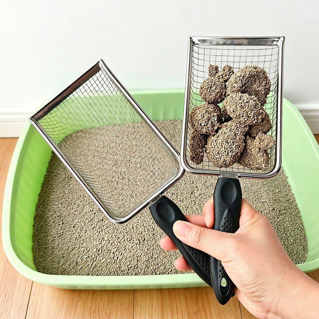 2 Pack Cat Litter Scoop with 3.8mm & 5mm Mesh – Stainless Steel Kitten Litter Scoop with 2 Adhesive Hooks, Metal Cat Poop Scooper for All Litter Types, Efficient Sifting & Easy Cleaning for Litter Box