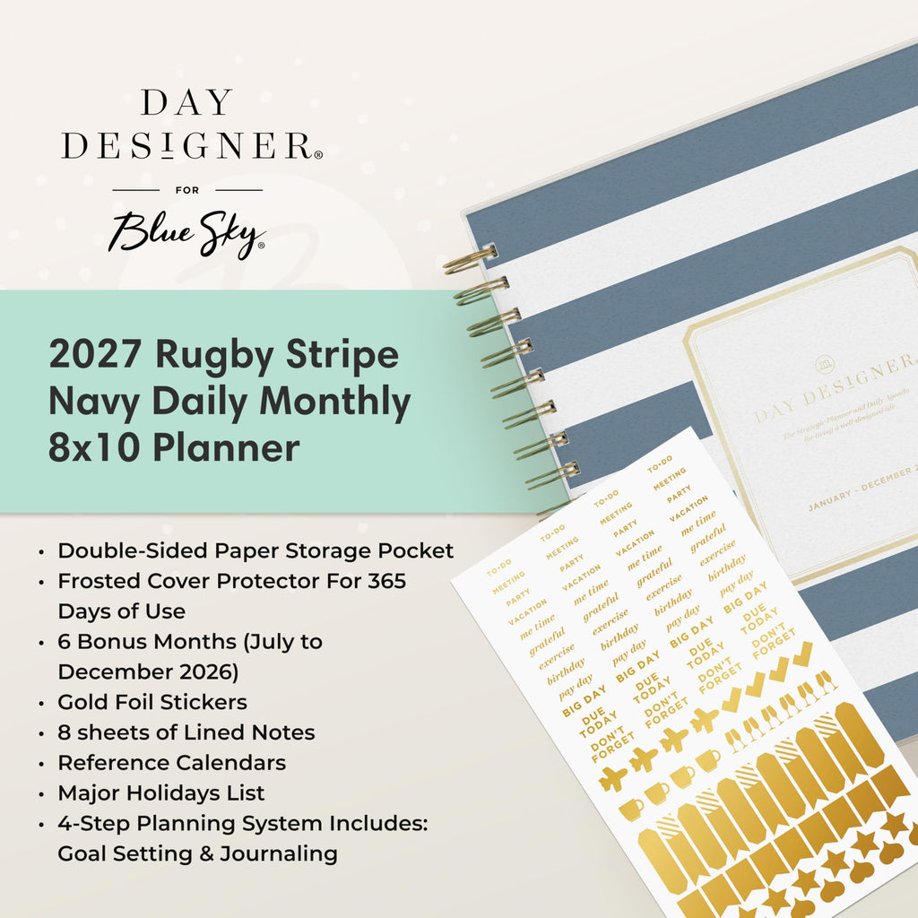 Blue Sky 2027 Daily & Monthly Planner Calendar, 8"x10", Rugby Stripe Black