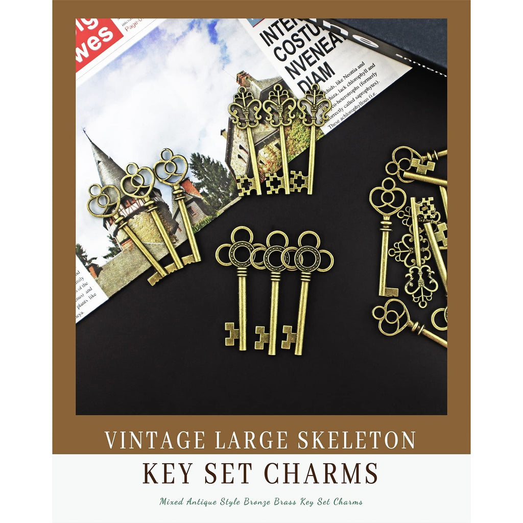 JIALEEY 3 Type of 30 PCS Vintage Large Skeleton Key Set Charms, Mixed Antique Style Bronze Brass Key Set Charms for Pendant DIY Jewelry Making Wedding Party Favors