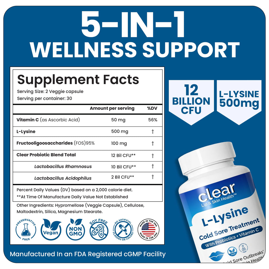 Lysine Cold Sore Treatment, L-Lysine Capsules with Probiotics & Vitamin C | Stops Outbreaks Before They Start, Internal Lysine Defense, Not A Topical Cover-up For Cold Sores
