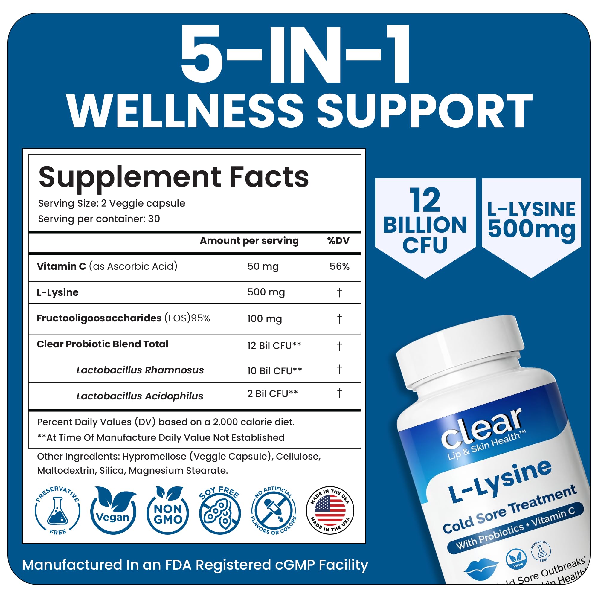 Lysine Cold Sore Treatment, L-Lysine Capsules with Probiotics & Vitamin C | Stops Outbreaks Before They Start, Internal Lysine Defense, Not A Topical Cover-up For Cold Sores