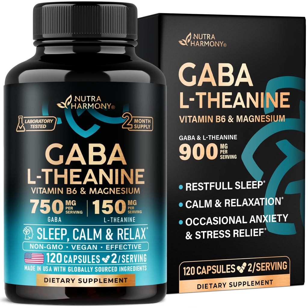 GABA L-Theanine Supplement 900 mg - Calm, Sleep & Relaxation - 120 Caps | GABA 750 mg, L-Theanine 150 mg with Magnesium & Vitamin B6 - Melatonin-Free & Non-Habit Forming - Vegan, Laboratory Tested