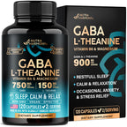 GABA L-Theanine Supplement 900 mg - Calm, Sleep & Relaxation - 120 Caps | GABA 750 mg, L-Theanine 150 mg with Magnesium & Vitamin B6 - Melatonin-Free & Non-Habit Forming - Vegan, Laboratory Tested