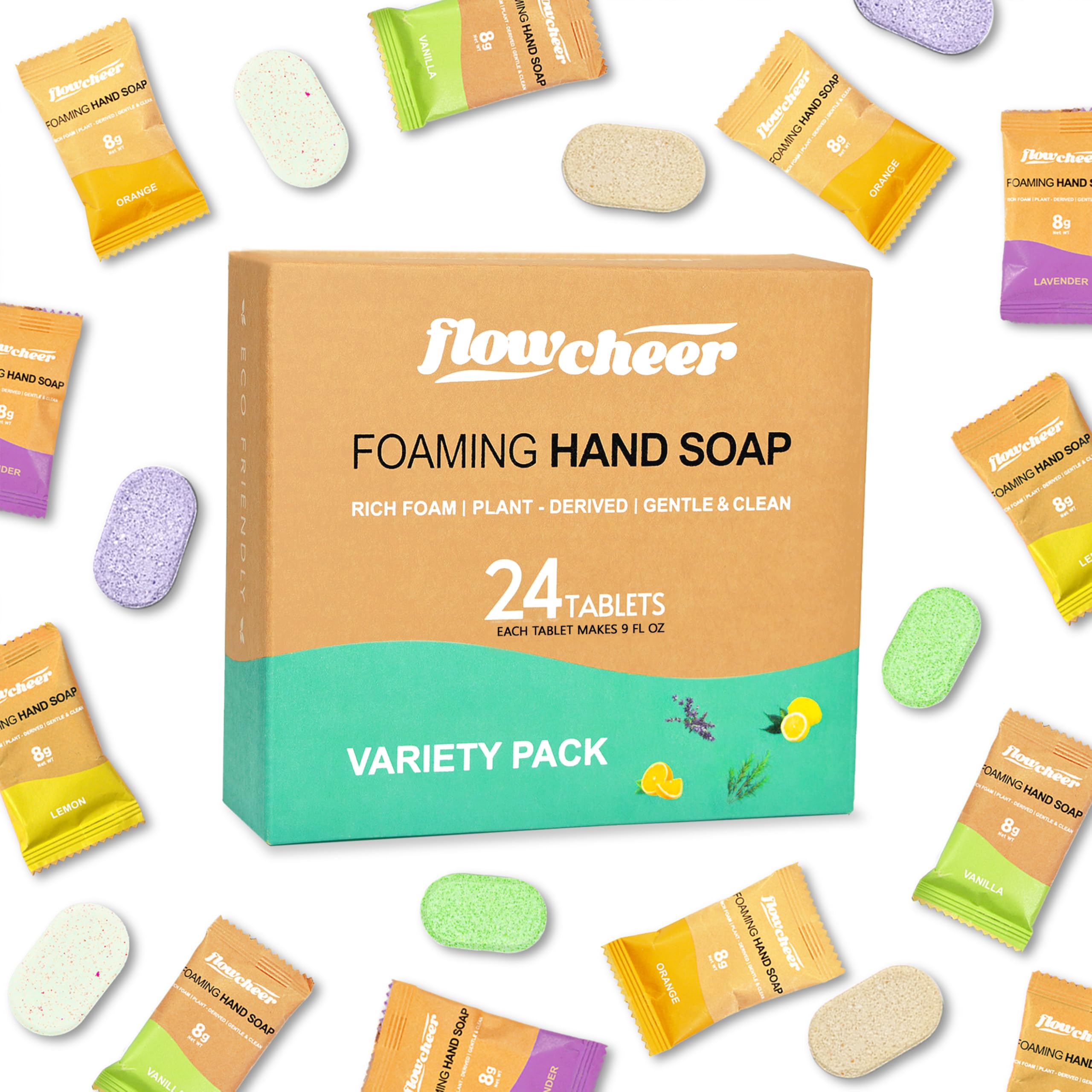 Flowcheer variety pack of foaming hand soap tablets, featuring 24 plant-derived tablets in assorted scents for gentle cleaning.