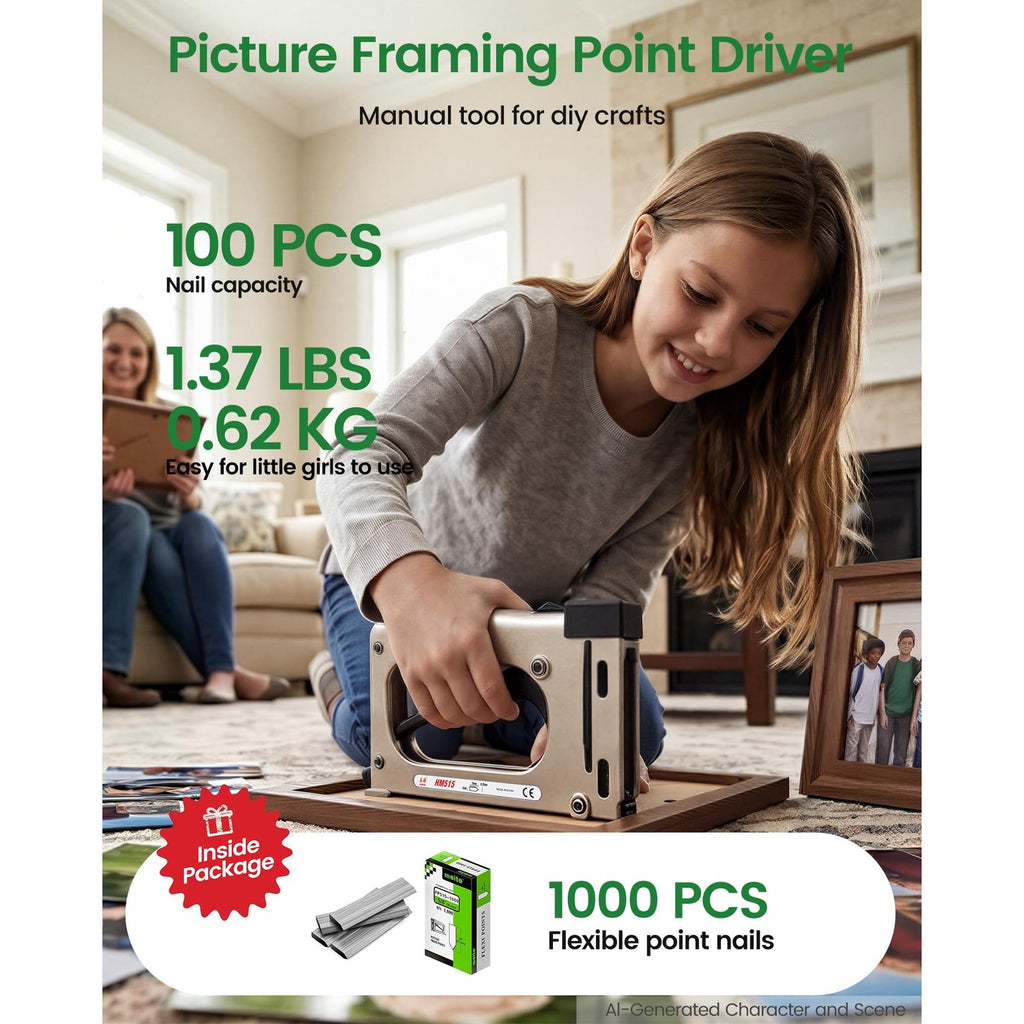 meite Point Driver HM515 Manual Tool with 1000-Count Flexible Point Nails, Picture Framing Tool for DIY Crafts, Frame Point Driver, Picture Frame Stapler/Nailer/Tacker