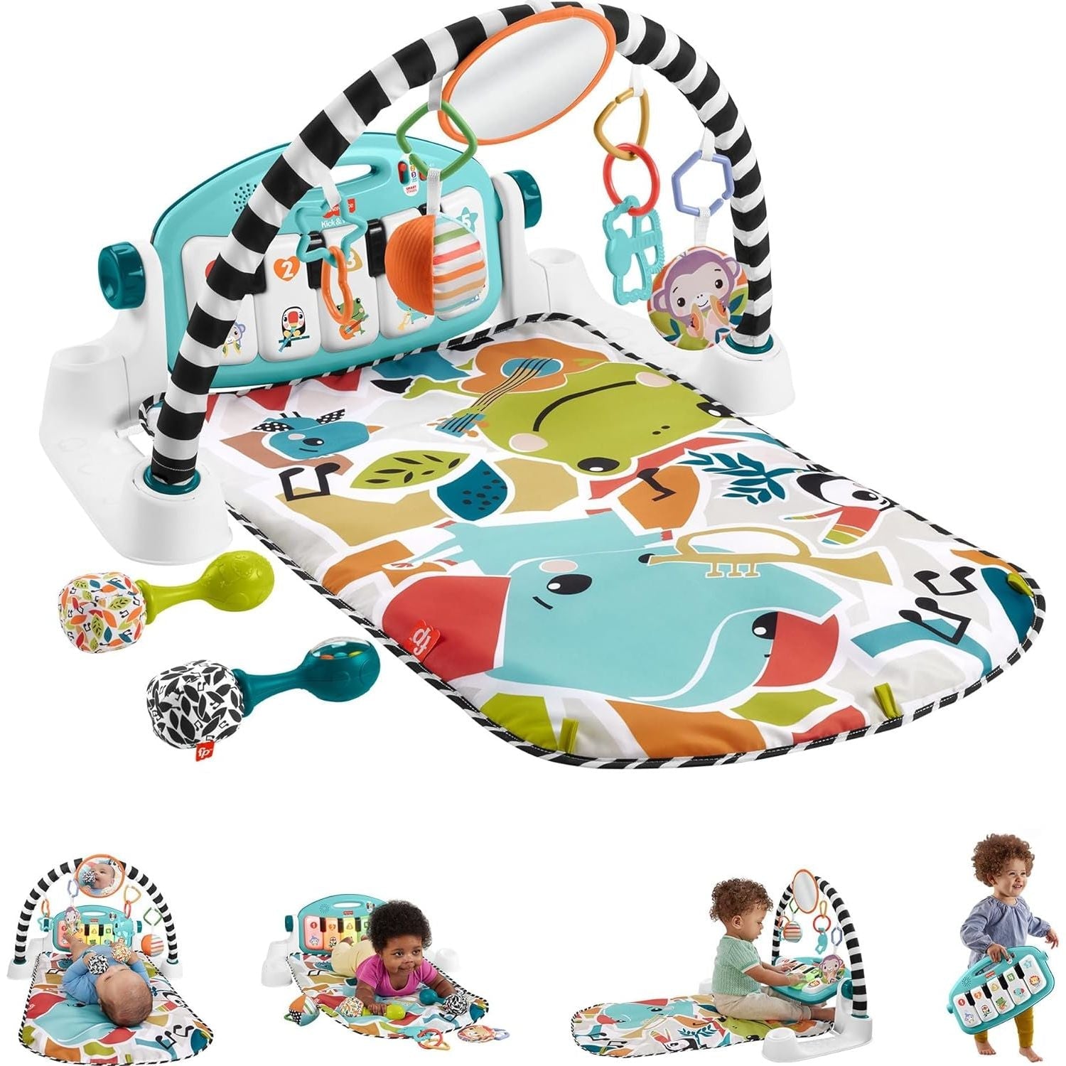 Buy now Fisher-Price Baby Playmat Deluxe Kick & Play Piano Gym for Learning & 2 Maracas Soft Rattles for Newborn to Toddler Play Ages 0+ Months Blue at indiglob india