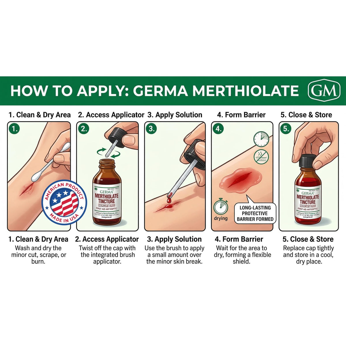 Germa Merthiolate Tincture - 1 oz - Mercury-Free First Aid Antiseptic for Minor Cuts and Scrapes